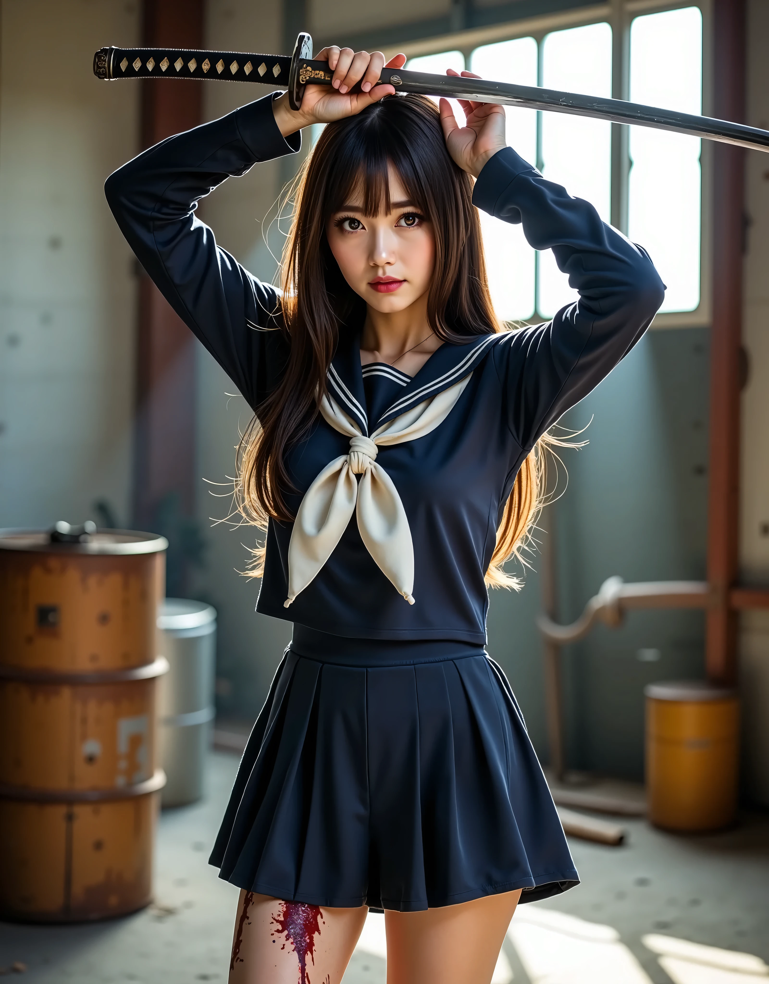 ((((anatomically correct human body structure)))、(((masterpiece、top quality:1.4)))、((real、very detailed、 Best Skin Details 、ultra high definition:2.0))、((real肌の質感:1.4))、(((real写真)))、((((photorealistic touched in sweat:2.0))))、realistic、absurd、top quality、((focus on the face:1.4))、(((NSFW)))、(((超real)))、((very detailed描写))、((solo))、(((1 high school girl:1.5)))、(((Extremely cool pose holding a Japanese sword in a high position:2.0)))、((( staring sharply at me with both hands :2.0)))、(((An 18-year-old Japanese cute and cool high school girl:1.8)))、((( wearing a dark blue long sleeve sailor suit torn all over :2.0)))、((斜め横からのfull body shot with mahiru))、(( Wide angle shot from slightly below :1.5))、I can see the chest side 、((24mm lens:1.4))、(((日本刀の刃先から女子高生の足元までのfull body shot with mahiru:1.5)))、(((realな日本刀、The exact shape of a Japanese sword 、 the blade shines sharply:1.5))), ((The girl's height is 160 cm、The length of the Japanese sword is 90cm、Blade length 70cm 、 handle length 20cm))、(( balance the entire body、Eliminate too long torso ))、((((Japanese sword with a straight, shiny blade 、She is holding the grip of a Japanese sword firmly with both hands and raising both elbows high, holding it above her head:2.0))))、(((( I don't hold anything other than the grip 、Never hold the blade part :2.0))))、((((I wear my arms side by side with my left hand on the upper side and my right hand on the lower side to hold the grip of the Japanese sword firmly:2.0))))、((((Posture of the haze:2.0))))、(((I'm holding one part of the Japanese sword grip with both hands:2.0)))、((( Hold the blade tip of the Japanese sword diagonally upward and hold it sharply :2.0)))、((((She has a cute and cool face and is glaring sharply at you、 a super cute and cool 18-year-old high school girl :2.0))))、((She is wearing black leather gloves with fingertips、She has cuts and bleeding on both legs:1.5))、((( definitely has a strong grip on a Japanese sword:1.5)))、(((I never hold a blade :2.0)))、(((The Japanese sword has only one grip :2.0)))、(((Aiming for the correct shape and balance of the entire body :2.0)))、(((realistic写真、 illustrations prohibited:2.0)))、((bloodyの汚れた白い靴下と白いスニーカーが見える:1.4))、(((beautiful black hair、 Long straight hair blowing in the wind:1.5)))、((( my face, body, and clothes are stained with sweat, blood, and mud:1.5)))、((( I'm sweating quite a bit between my neck and cleavage )))、 high definition face、Beautiful and delicate face、(( spotlight on face and chest :1.5))、(((There is a lot of sweat on her forehead、She is dirty with mud and sweat、Very stern look)))、((詳細でrealな茶色の瞳))、(((realな瞳にキャッチライト:2.0)))、(((Detailed Long Lashes )))、((realな唇))、((full body shot with mahiru:1.5))、(( upper body shot above the knee :1.2))、(( accurate balance of the whole body :1.5))、Accurate arm shape、 accurate hand shape、(Accurate hand finger shape )、(exact number of fingers after hand work、5 )、Accurate leg shape、( how to hold an anatomically accurate grip ) 、((Japanese high school uniform、torn uniform 、A uniform stained with blood and mud :1.5))、(((Wear a dark blue long-sleeved winter suit and a white scarf and a navy blue flare skirt that's torn all over the place and the white scarf:2.0)))、(( wearing a navy blue flare skirt with the hem torn quite a bit and is stained with blood and mud :1.5))、((紺色の長袖セーラー服の破れた所と white scarf stained with blood の間から汚れて着崩れた白いビキニタイプのブラジャーとバストの下乳が少しだけ見える:1.3))、((( white scarf stained with blood )))、((She has the tip of her Japanese sword pointing upwards:1.5))、((live action))、((bloody))、(full of wounds)、(Bruises、Internal bleeding)、((( can see bleeding stomach and navel after being cut 、 bleeding from cuts :1.he is bleeding from cuts、She has a lot of sweat on her forehead:1.5))、((Her navy blue skirt is torn and bloody and dirty with mud, Injured and bleeding, dirty navy blue long sleeve sailor suit :2.0))、((She is preparing to slash with the tip of her Japanese sword pointing upwards:1.5))、( Inside an old large warehouse with abandoned depth )、 2 rusted drums 、Waste materials、scoop、 Blood Splashes on Floors and Walls 、(( Strong light from a window shines in in the dim ))、( The light from the window is sharply reflected on the blade of a long Japanese sword )、((( impressive pose where you feel movement 、Shaking due to movement of hair, jacket, and skirt :1.5))