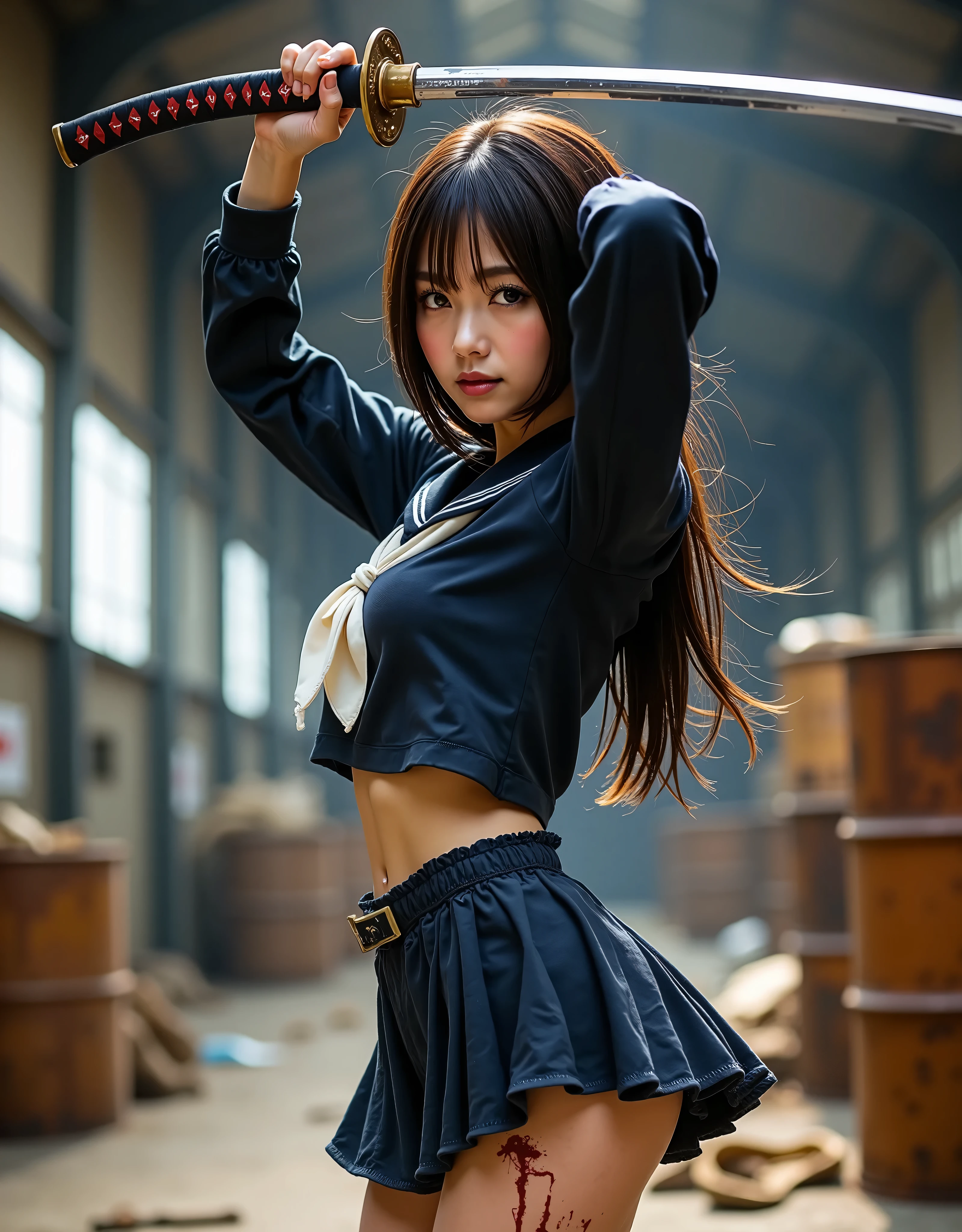 ((((anatomically correct human body structure)))、(((masterpiece、top quality:1.4)))、((real、very detailed、 Best Skin Details 、ultra high definition:2.0))、((real肌の質感:1.4))、(((real写真)))、((((photorealistic touched in sweat:2.0))))、realistic、absurd、top quality、((focus on the face:1.4))、(((NSFW)))、(((超real)))、((very detailed描写))、((solo))、(((1 high school girl:1.5)))、(((Extremely cool pose holding a Japanese sword in a high position:2.0)))、((( staring sharply at me with both hands :2.0)))、(((An 18-year-old Japanese cute and cool high school girl:1.8)))、((( wearing a dark blue long sleeve sailor suit torn all over :2.0)))、((斜め横からのfull body shot with mahiru))、(( Wide angle shot from slightly below :1.5))、I can see the chest side 、((24mm lens:1.4))、(((日本刀の刃先から女子高生の足元までのfull body shot with mahiru:1.5)))、(((realな日本刀、The exact shape of a Japanese sword 、 the blade shines sharply:1.5))), ((The girl's height is 160 cm、The length of the Japanese sword is 90cm、Blade length 70cm 、 handle length 20cm))、(( balance the entire body、Eliminate too long torso ))、((((Japanese sword with a straight, shiny blade 、She is holding the grip of a Japanese sword firmly with both hands and raising both elbows high, holding it above her head:2.0))))、(((( I don't hold anything other than the grip 、Never hold the blade part :2.0))))、((((I wear my arms side by side with my left hand on the upper side and my right hand on the lower side to hold the grip of the Japanese sword firmly:2.0))))、((((Posture of the haze:2.0))))、(((I'm holding one part of the Japanese sword grip with both hands:2.0)))、((( Hold the blade tip of the Japanese sword diagonally upward and hold it sharply :2.0)))、((((She has a cute and cool face and is glaring sharply at you、 a super cute and cool 18-year-old high school girl :2.0))))、((She is wearing black leather gloves with fingertips、She has cuts and bleeding on both legs:1.5))、((( definitely has a strong grip on a Japanese sword:1.5)))、(((I never hold a blade :2.0)))、(((The Japanese sword has only one grip :2.0)))、(((Aiming for the correct shape and balance of the entire body :2.0)))、(((realistic写真、 illustrations prohibited:2.0)))、((bloodyの汚れた白い靴下と白いスニーカーが見える:1.4))、(((beautiful black hair、 Long straight hair blowing in the wind:1.5)))、((( my face, body, and clothes are stained with sweat, blood, and mud:1.5)))、((( I'm sweating quite a bit between my neck and cleavage )))、 high definition face、Beautiful and delicate face、(( spotlight on face and chest :1.5))、(((There is a lot of sweat on her forehead、She is dirty with mud and sweat、Very stern look)))、((詳細でrealな茶色の瞳))、(((realな瞳にキャッチライト:2.0)))、(((Detailed Long Lashes )))、((realな唇))、((full body shot with mahiru:1.5))、(( upper body shot above the knee :1.2))、(( accurate balance of the whole body :1.5))、Accurate arm shape、 accurate hand shape、(Accurate hand finger shape )、(exact number of fingers after hand work、5 )、Accurate leg shape、( how to hold an anatomically accurate grip ) 、((Japanese high school uniform、torn uniform 、A uniform stained with blood and mud :1.5))、(((Wear a dark blue long-sleeved winter suit and a white scarf and a navy blue flare skirt that's torn all over the place and the white scarf:2.0)))、(( wearing a navy blue flare skirt with the hem torn quite a bit and is stained with blood and mud :1.5))、((紺色の長袖セーラー服の破れた所と white scarf stained with blood の間から汚れて着崩れた白いビキニタイプのブラジャーとバストの下乳が少しだけ見える:1.3))、((( white scarf stained with blood )))、((She has the tip of her Japanese sword pointing upwards:1.5))、((live action))、((bloody))、(full of wounds)、(Bruises、Internal bleeding)、((( can see bleeding stomach and navel after being cut 、 bleeding from cuts :1.he is bleeding from cuts、She has a lot of sweat on her forehead:1.5))、((Her navy blue skirt is torn and bloody and dirty with mud, Injured and bleeding, dirty navy blue long sleeve sailor suit :2.0))、((She is preparing to slash with the tip of her Japanese sword pointing upwards:1.5))、( Inside an old large warehouse with abandoned depth )、 2 rusted drums 、Waste materials、scoop、 Blood Splashes on Floors and Walls 、(( Strong light from a window shines in in the dim ))、( The light from the window is sharply reflected on the blade of a long Japanese sword )、((( impressive pose where you feel movement 、Shaking due to movement of hair, jacket, and skirt :1.5))