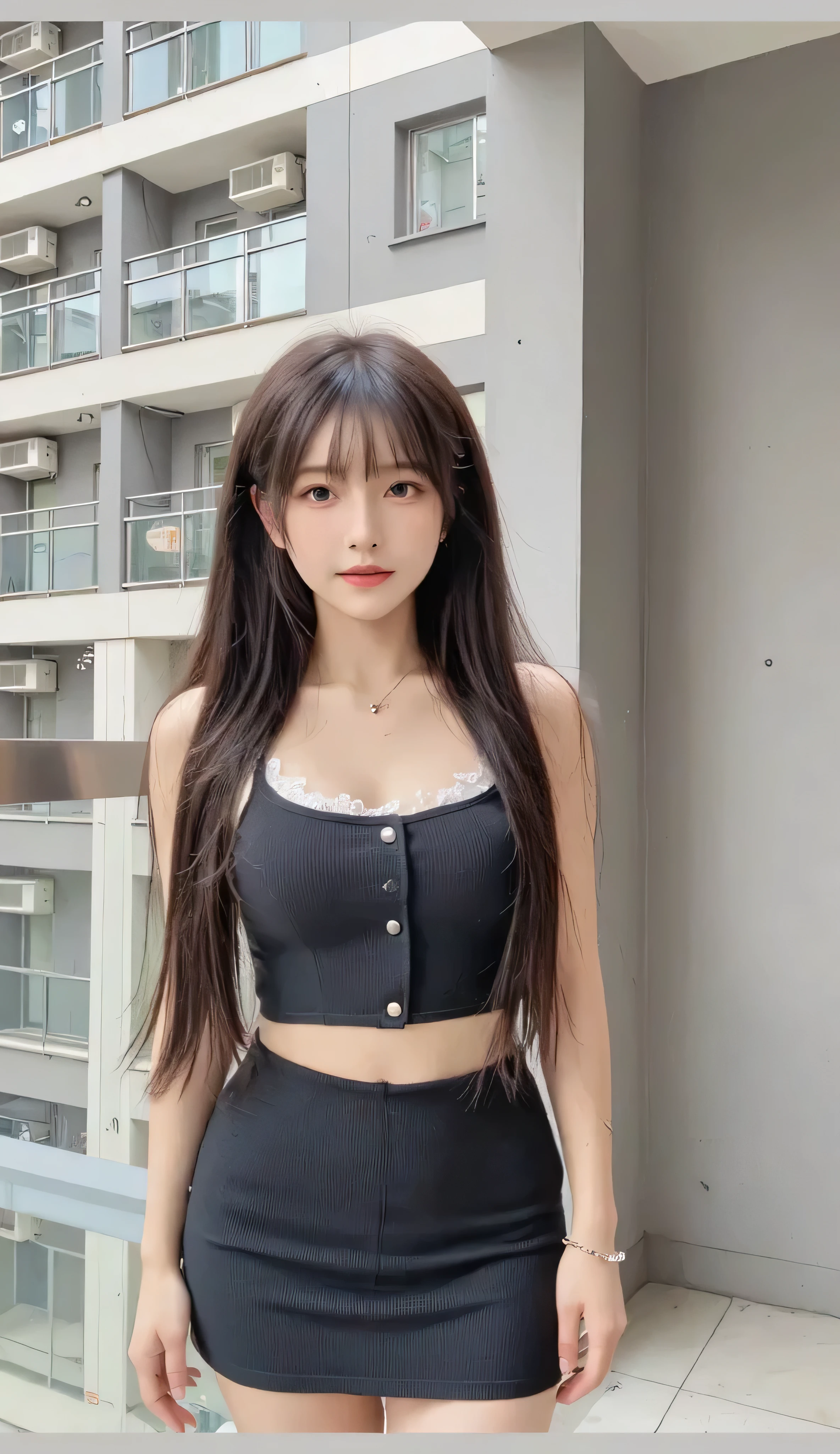 "A young woman standing on a modern apartment balcony. She has long, straight black hair and fair skin. She's wearing a tight black crop top with white lace trim and two small buttons in the front, paired with a matching black mini skirt. The outfit reveals her slim waist and the white lace of her undergarment peeking at the waistband. She has a gentle smile, wears light makeup with red lips, a delicate necklace, and a bracelet. The background shows a high-rise building with glass railings and air conditioning units on the balconies."