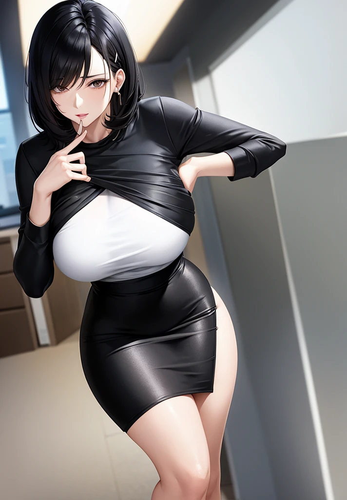 Highest quality、masterpiece、8k、Very detailed、Realistic、Looking at me with a smile、whole body、Black Hair、Small face、Slender、Big Breasts、Thin and beautiful legs、narrow and constricted waist,、Sleeveless shirt with buttons and a collar、A very long tight skirt that accentuates the shape of the buttocks、A shirt that accentuates the shape of your body、A shirt that accentuates the shape of the chest、Erect nipples、Underbust corset、All buttons on the shirt are open