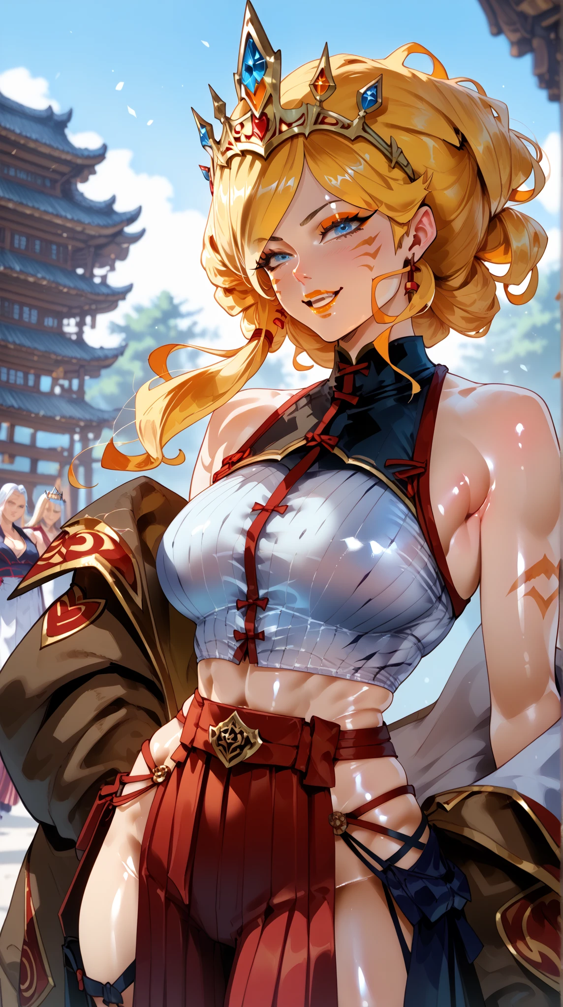 Bunny woman, rabbit woman, baggy pants, belt, blue eyes, tan skinned female, fingernails,, long pony tail, Viera, temple background, light brown hair, midriff , monk pose