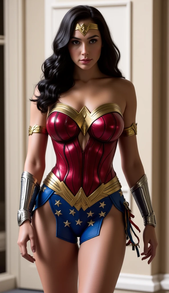 Award-winning photo by slim Aaons of Beautiful Instagram model, large tits, dressed in Wonder Woman fashion, sharp, magic realism