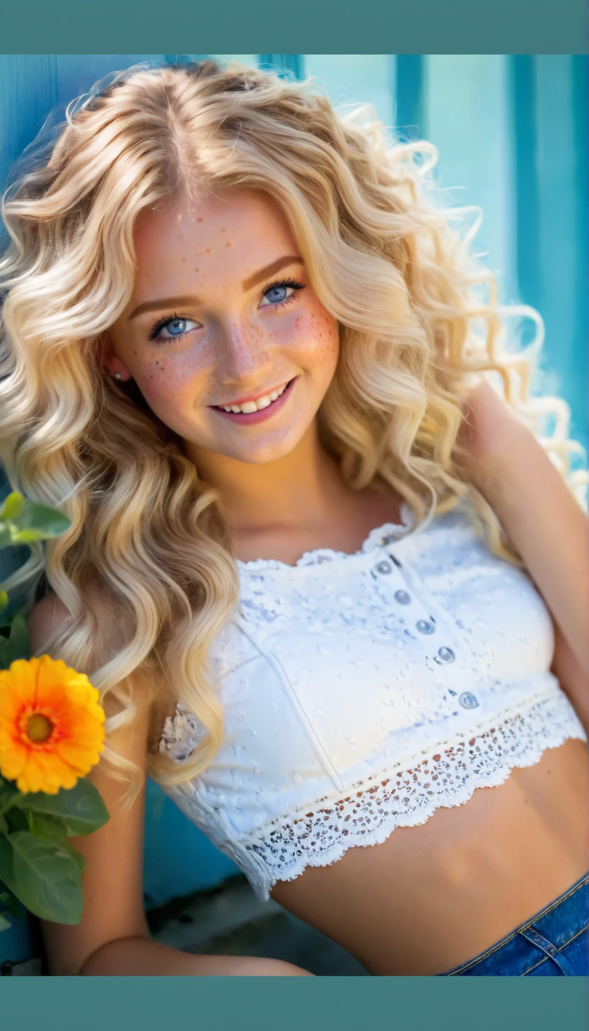 awe inspiring full body photography of a pretty seductive woman,25 years old,white lace crop top,micro low_rise denim skirt,smile,full body photo portrait,dynamic lighting,long blond hair,loose curls in hair,hair pulled to one side,perfect blue eyes,laying in bright multi_color flowers,from a distance,bokeh,red flower in hair,style by Dan Winters,bold colors,sunlight,freckles,Ultra-HD-details,detailed eyes,