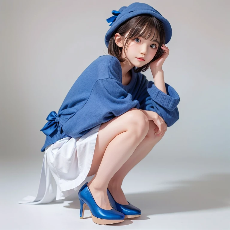 detailed face, cute face, uekura, One girl, Blonde Hair, White Background, Have, dress, Blue footwear, wing, Simple Background, sign, flower, Manicure, Wide sleeves, Long sleeve, blush, animal, white flower, alone, whole body, bird, View Viewer, High heels, Put your hand on your cheek, put your hand on your face, Frills, bow, bangs, ribbon, Bell, Blue hat, +_+, shoes, short hair, Grey Eyes, shoes, Blue Claws, feathered wing, blue bow
