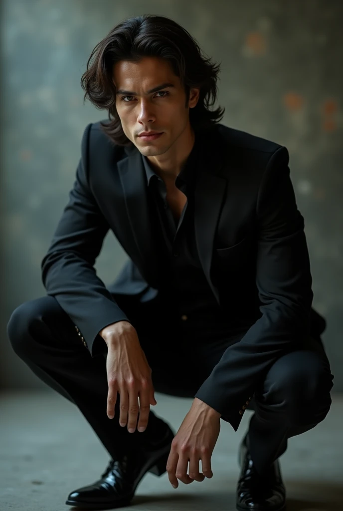 Boy with formal clothes, muscular black hair, light brown eyes and sitting on a chair.