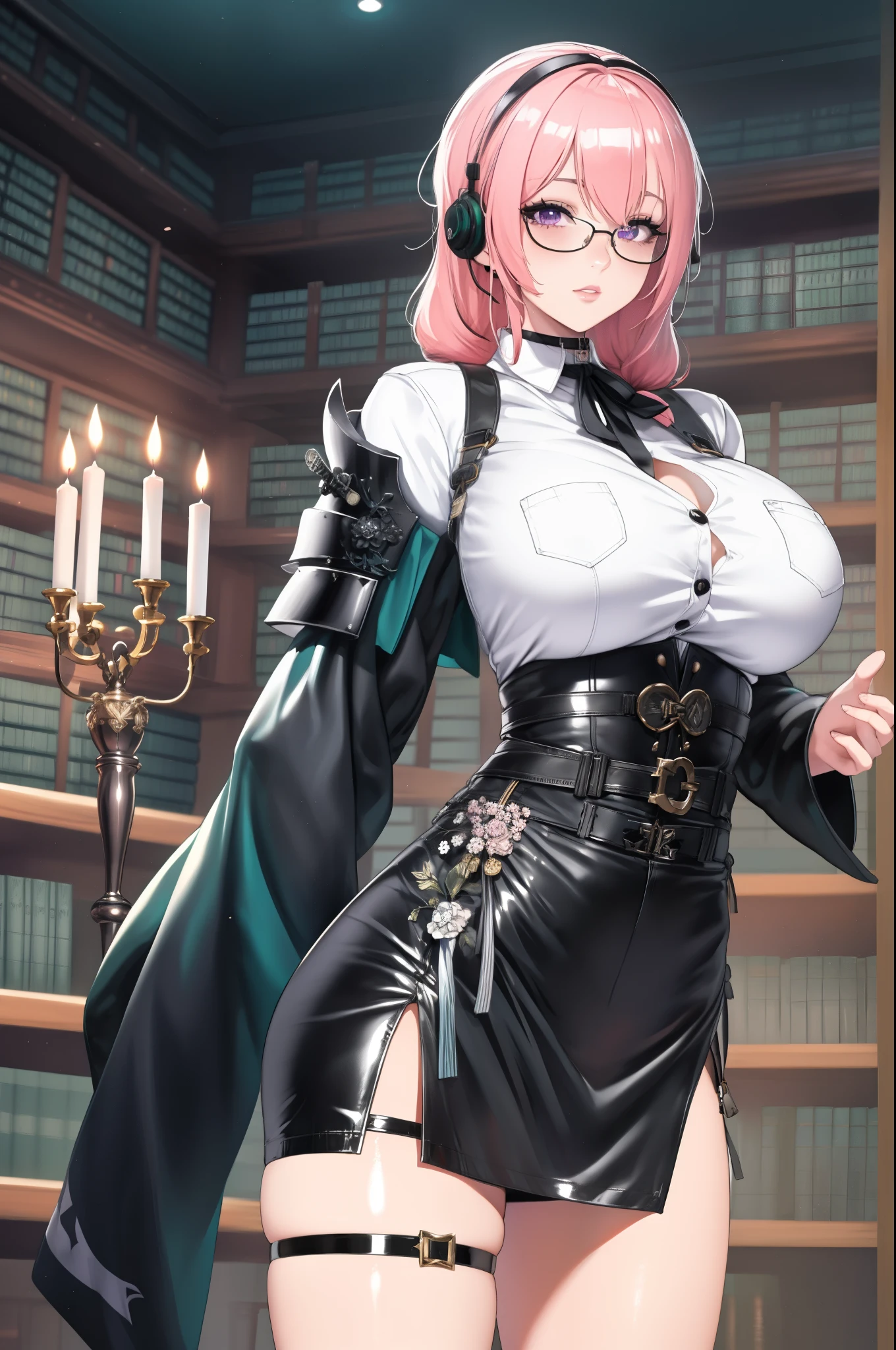 bright clothes, a girl, (Yanagi Tsukishiro ), Alone, Standing, front view, looking at the spectator , long braided hair pink, beautiful eyes , detailed eyes , purple eyes shirt, huge breasts, sensual lips, ((samurai armor shoulder pad)) , (earpiece), harness, glasses, choker :1.6, black gloves, ((high waist shiny black miniskirt)), ((White buttoned shirt with collar)), (black ribbon for the chest), (dark green neck strap), (Gothic style library ), Gloomy ambience, candelabras