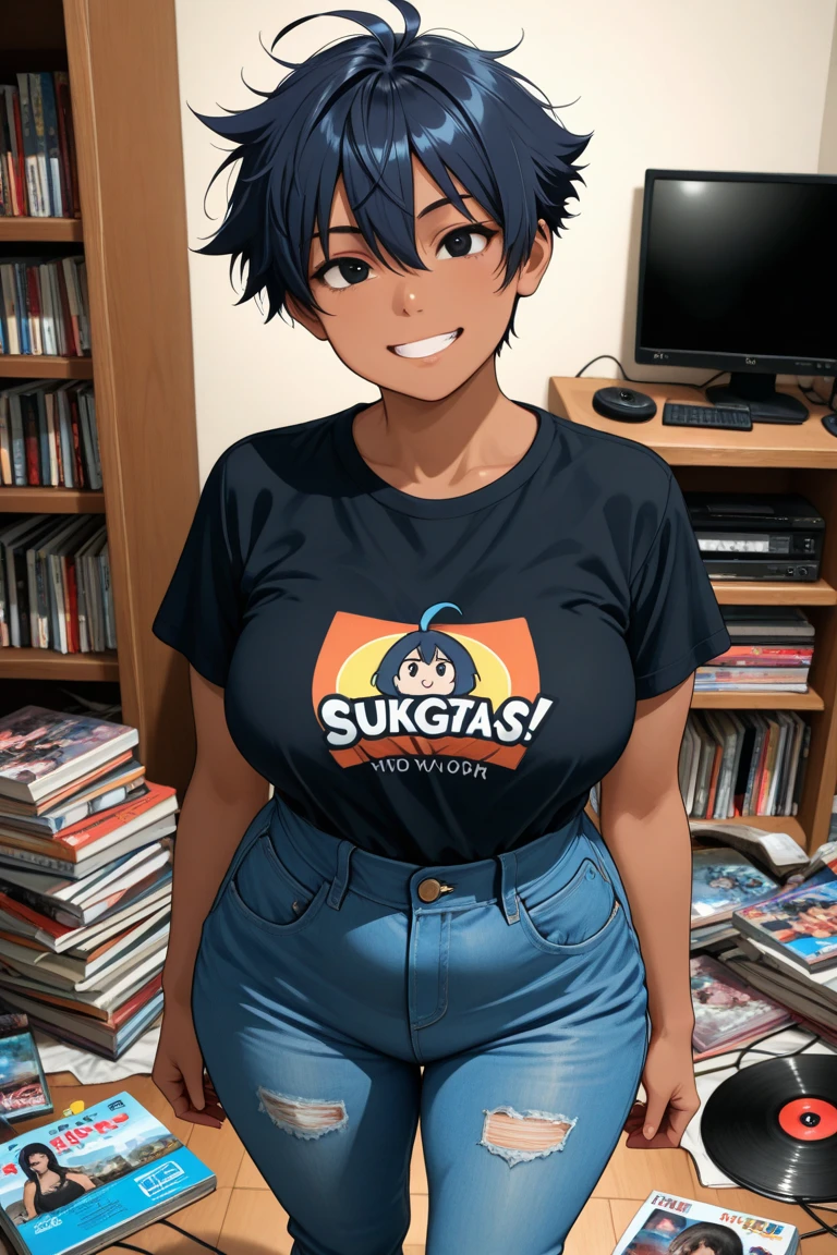 masterpiece,8k, Perfect Face、Very detailed,High resolution, Ultra-realistic photography, Absurd,Award-winning photo, Very detailed, wonderful, The finer details,
KazAsuka, Blue crop top, Big Breasts, Denim jackets and mini shorts, Braid、Forehead、Glasses、Pose for a photo, On a street corner in Osaka