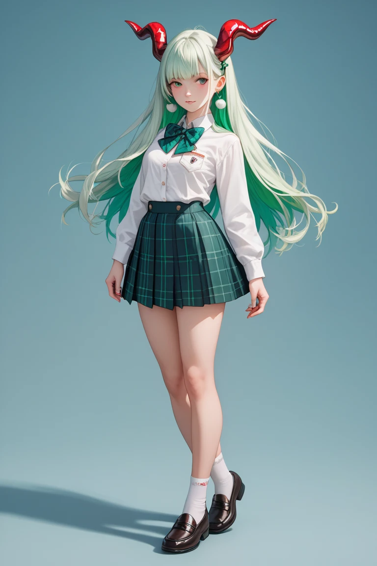 1girl, (anatomically correct), full body, (white shirt:1.1), (plaid skirt: 1.1), school sportswear, white lace skirt, green stockings, green high heels on feet, broken [green:yellow: 0.5] theme, (gradient background: 1.1), long hair, snakeskin hair ring, green eyes, smile, delicate headdress, clay texture, blind box toy style, sideways, panorama, (masterpiece: 1.1), (best quality: 1.1)
