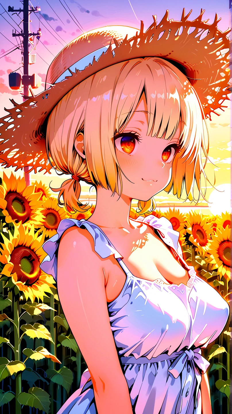 Beautiful girl, flat chest,sun flower,shiny gold platinum blonde hair, Bobcut,curly hair, Dog ears、Red sparkling eyes、detailed cute eyes,(glowing eyes:1.4),laugh heartily,((Droopy eyes)),white dress, straw hat, looking at sun flower, happy, watercolor, retouching, masterpiece, high quality, pastel colors, gentle light, cute pendant, sun flower blizzard, naughty smile