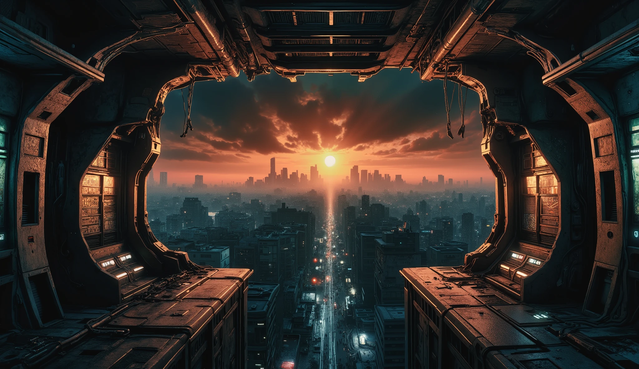 Holographic effects, complex instrumentation, and glowing LED indicators cast soft reflections on the metallic surfaces.
🌆 Environment – Cyberpunk Alien Megacity:
A view from the cockpit of the majestic city ship shows the gradual descent over one of the wide avenues. The spaceship flies at high speed over a vast cyberpunk metropolis, its towering skyscrapers rising into the sky.
🌌 Sky – A dramatic cinematic transition between dusk and night:
A cold, crystalline sky at dusk transforms into deep night, filled with dense, billowing clouds.
💡 Lighting & Compositing – Hyperrealistic & Cinematic:
Masterfully controlled studio lighting, with precision PAR reflectors (maximum angle of 27°, high lumen output) to sculpt every microtexture of the surfaces.
HDR reflections and ultra-detailed metallic surfaces enhance depth and realism.
Motion Blur and Depth of Field: A dynamic camera-scanning effect leaves subtle light trails from neon reflections, adding a sense of speed and depth.
The cockpit glass features subtle fogging and veining that react to the interaction of interior and exterior light.
📷 Rendered with extreme fidelity at 16K resolution, capturing every microscopic surface imperfection, refraction, and volumetric light effect, making the image absolutely indistinguishable from real photography.