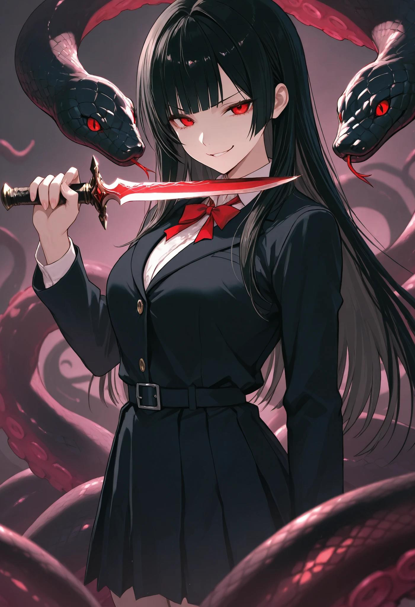 Scylla Girl. Black hair. Straight hair. Straight bangs. Red eyes. Smirk. Japanese high school uniform. Black costume. Dagger knife. Knife in hand. Snake-like tentacles. Multiple snakes. Black snakes.