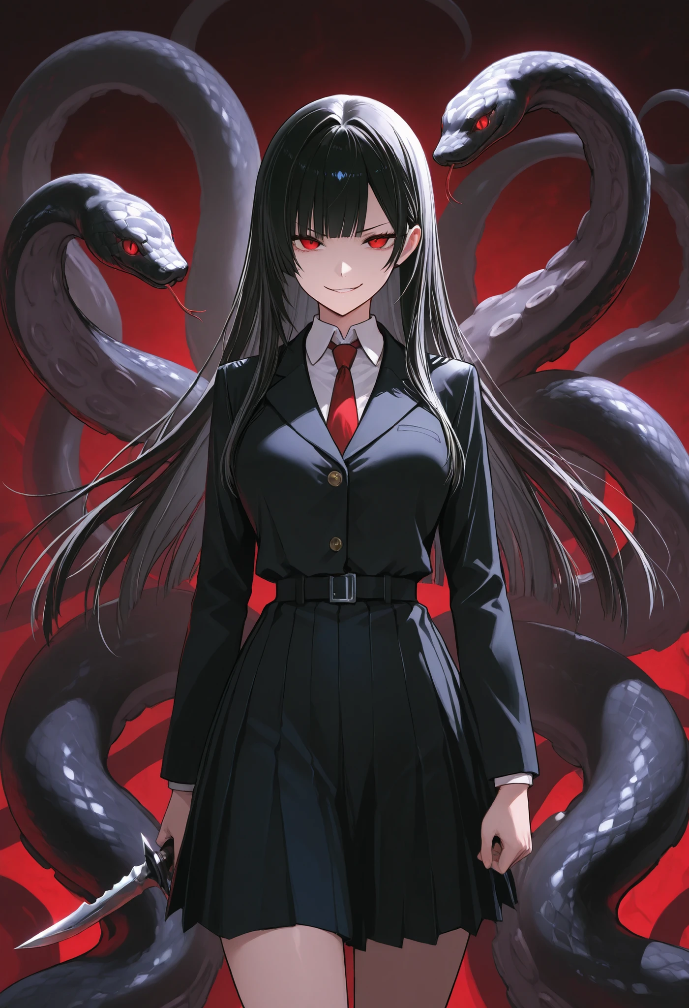 Scylla Girl. Black hair. Straight hair. Straight bangs. Red eyes. Smirk. Japanese high school uniform. Black costume. Dagger knife. Knife in hand. Snake-like tentacles. Multiple snakes. Black snakes.