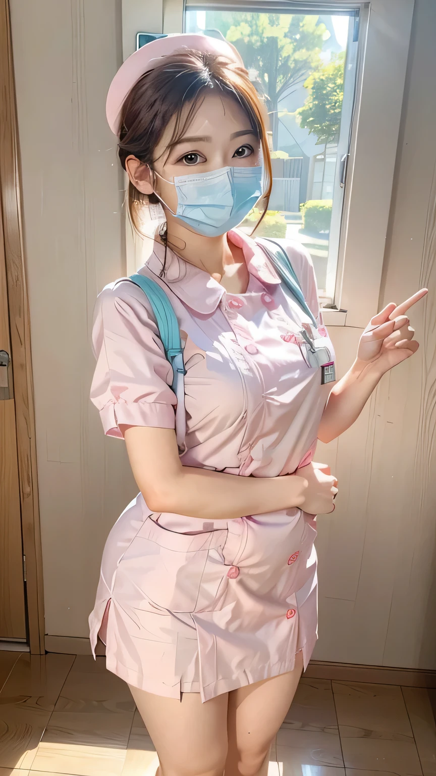 nurse wearing mask、 pink nursing uniform 、miniskirtの看護服、It fits within the angle of view、Full body cut、in their early 20s、best quality,4k,hdr,ultra-detailed,realistic,Photorealistic,studio lighting,physically-based rendering,vivid colors,kawaii, pink nursing uniform 、white mask、miniskirt、Full body cut、Her expression is gentle 、has a syringe in his hand、Medical practice、pink nurse hat、Place your hands in front of your stomach