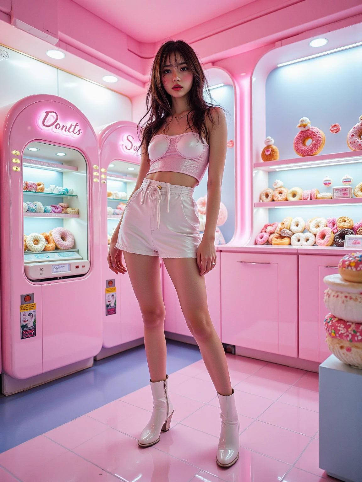beautiful Korean Girl, Hans Bellmer,Ball jointed doll,about 16years old, wearing high-end headphones office lady,wearing striped bra and socks,open legs,semi-long hair,nude,pink hair,sneer, no background, leather fashion,BDSM, shibari, a vibrator in pussy,1990s-style surrealism super real fashion illustration,photorealistic