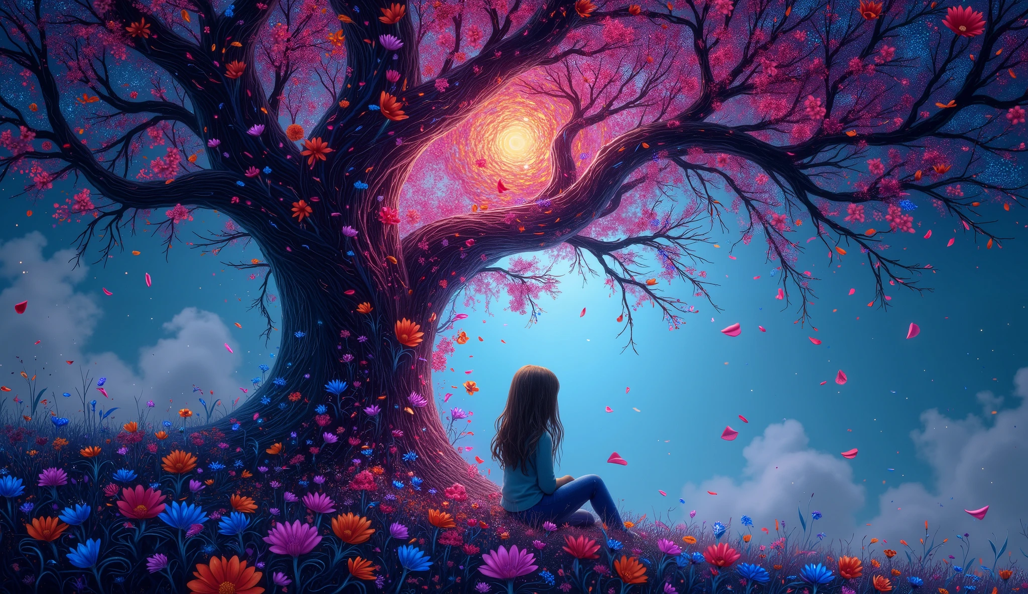 Dreamlike digital artwork of a young girl seated beneath a towering tree in the Garden of Eden. Her cascading hair becomes a vibrant waterfall of neon cranberries and detailed zentangle-patterned flowers, twisting into a tornado of love and loss. The scene is lit with an iridescent glow from bioluminescent plants, with swirling mists and moonlight filtering through the treetops. Soft petals drift through the air, blending serenity and sorrow.