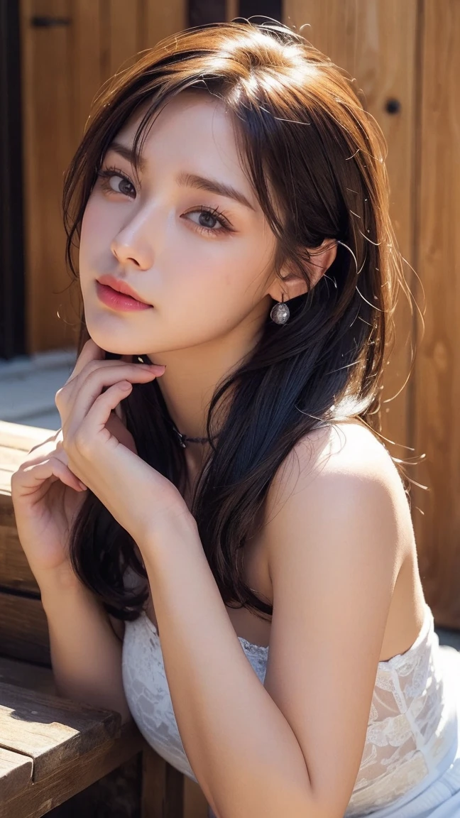 High detail,High quality,Elbows resting on head,young woman