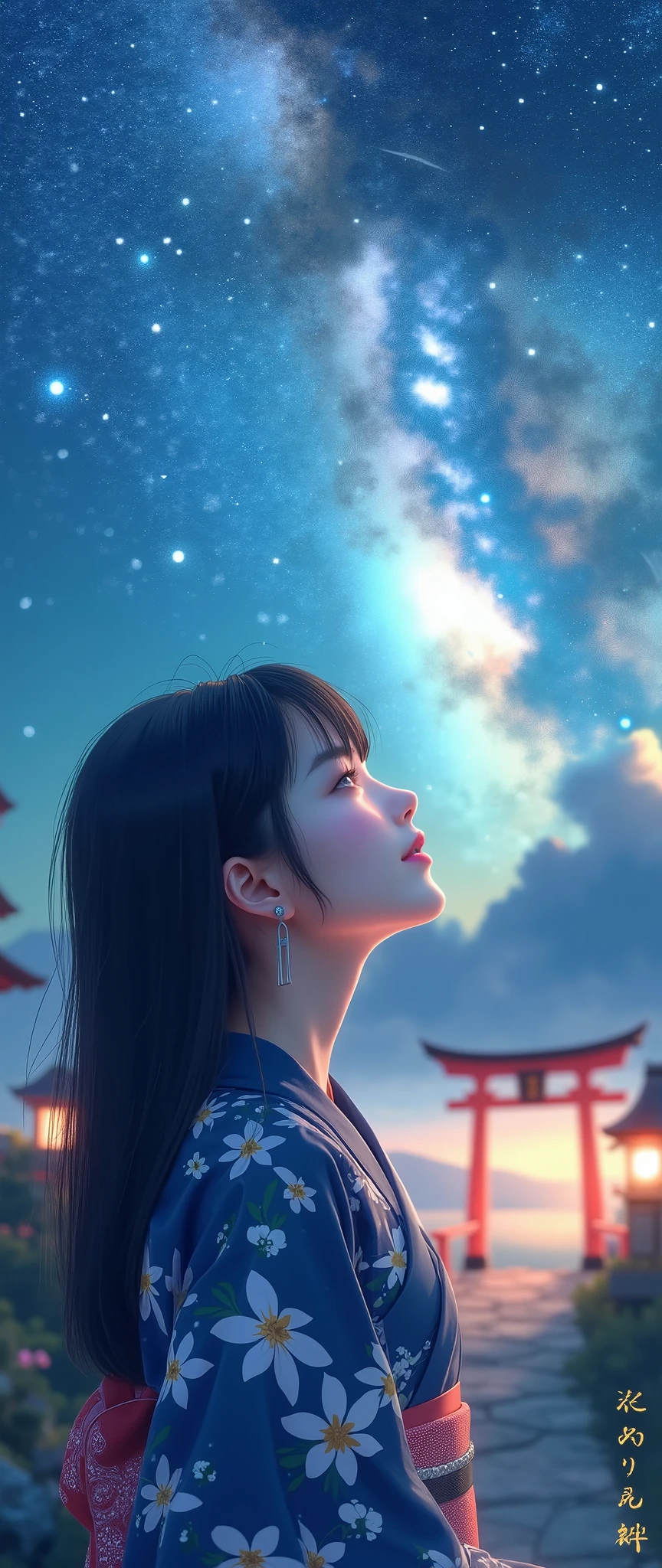 Milky Way Galaxy View and Night Sky 、one woman、Straight Hair、Beautiful Shiny Hair、bundle、long sleeve、detailed eyes and face、Eye Enhancement、soft lighting、High Resolution Unified CG 8K Wallpaper、Intricate Details、portrait、staring at the stars、alone、half shot、delicate face、soft smile during housework、 classical period 、(Ancient Japan Theme:1.1)、Japanese mythology、Navy Blue Flower Pattern Kimono、 ancient theme 、(Thriving Civilization:)、Background Moon、( pure white :1。hrine、red)torii、 Japanese landscape 、 Ancient City in the Background 、 Lantern、Night stars、 Night Sky Starts。