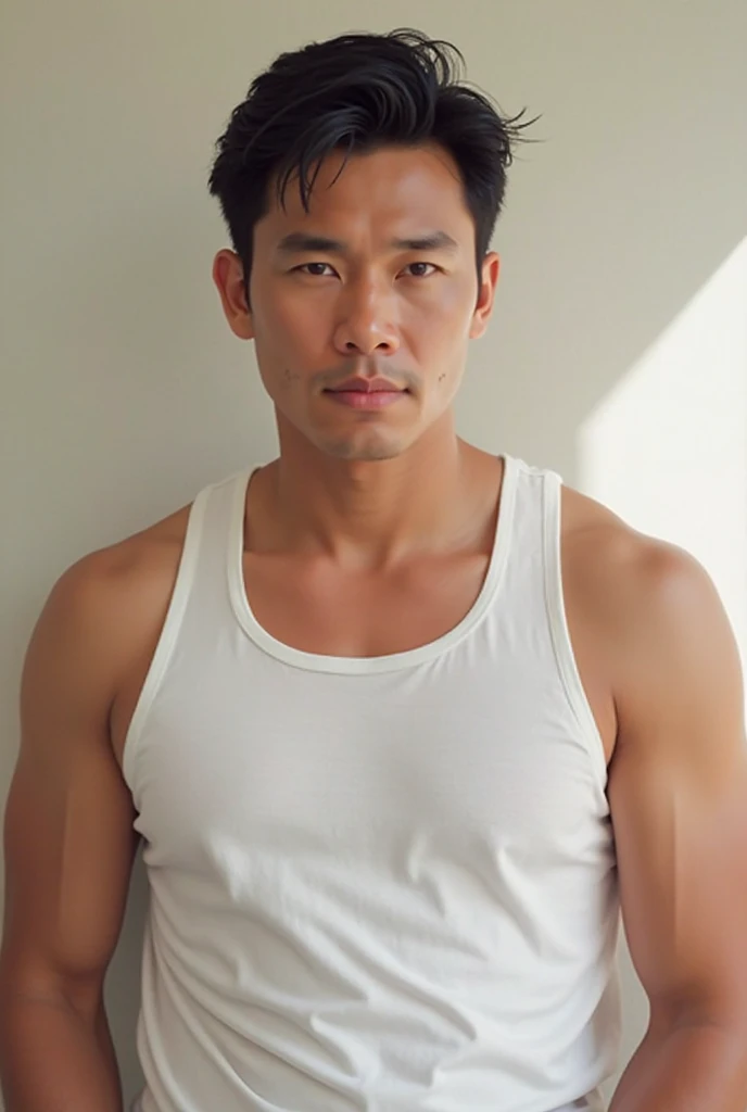 photo, 8k, sharp focus, male actor, lightbrown hair, brown skin, ikemen, 45yo, mixed with American and japanese, heavy weight male celeb, beautiful detailed eyes, short hair, center parted bangs, thick waist, large eyes, celeb, male black bikini, topless, fullbody, soft smile