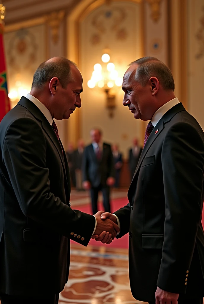 vladimir putin and bashar al assad have fun in a very elegant place with gold finishes, they wear very luxurious outfits