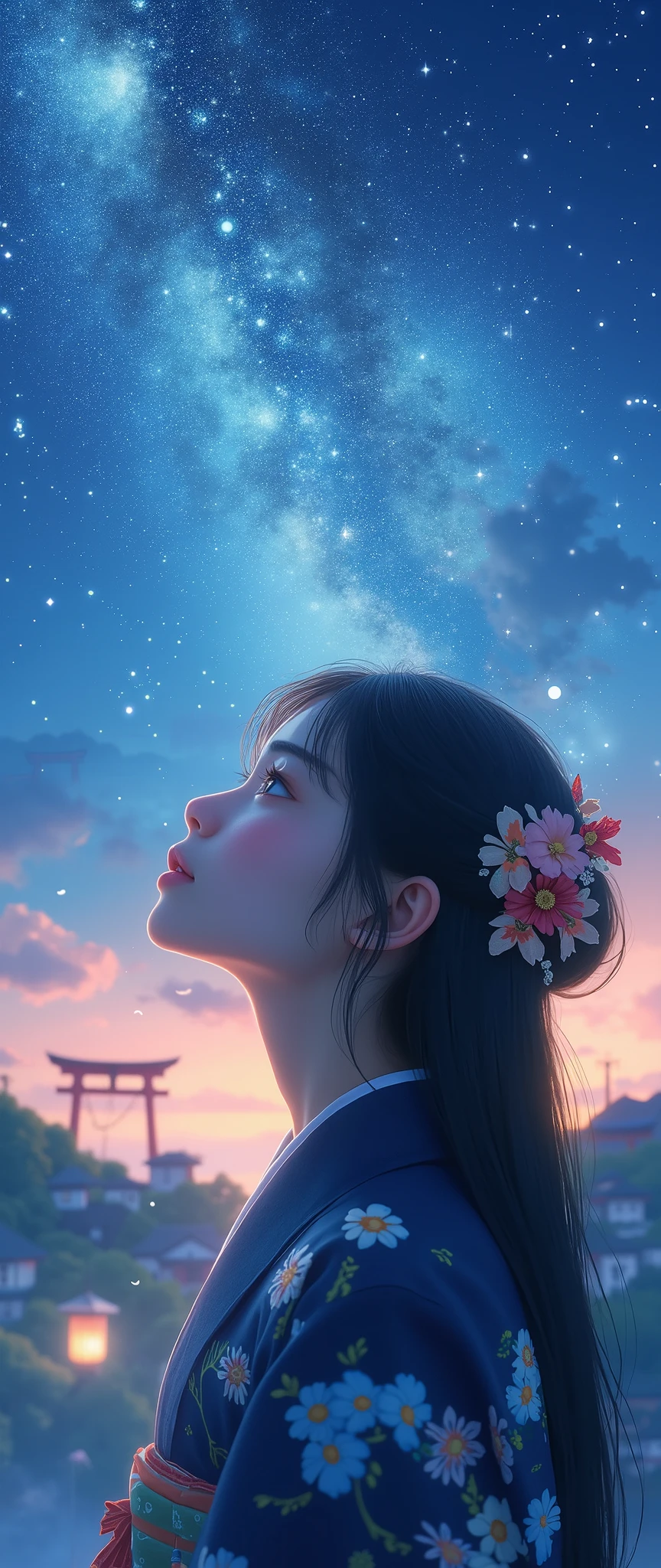 Milky Way Galaxy View and Night Sky 、one woman、Straight Hair、Beautiful Shiny Hair、bundle、long sleeve、detailed eyes and face、Eye Enhancement、soft lighting、High Resolution Unified CG 8K Wallpaper、Intricate Details、portrait、staring at the stars、alone、half shot、delicate face、soft smile during housework、 classical period 、(Ancient Japan Theme:1.1)、Japanese mythology、Navy Blue Flower Pattern Kimono、 ancient theme 、(Thriving Civilization:)、Background Moon、( pure white :1。hrine、red)torii、 Japanese landscape 、 Ancient City in the Background 、 Lantern、Night stars、 Night Sky Starts。