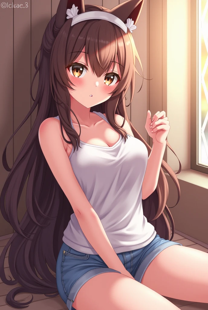 a sun ayuuki, a sun a yuuki, Long Hair, Brown Hair, (Brown eyes:1.8), Sweat,濡れたTank top,Tank top,Belly button,happy smile, smile, Open your mouth,Shorts,barefoot,Sitting on the sofa,Holding an ice cream in one hand,noon,Clear skies,
Break indoors,room,
壊す looking at viewer,Systemic
break (masterpiece:1.2), Highest quality, High resolution, unity 8k wallpaper, (shape:0.8), (Fine and beautiful eyes:1.6), Highly detailed face, Perfect lighting, Highly detailed CG, (Perfect hands, Perfect Anatomy),