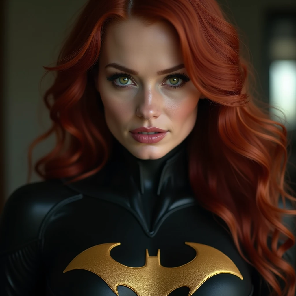 A TEEN FEMALE WITH LONG ORANGE HAIR AND GREEN EYES WEARING A SEXY BATGIRL COSTUME AND CAPE. ABSURD 8K RESOLUTION, INCREDIBLY DETAILED SKIN AND EYES,
