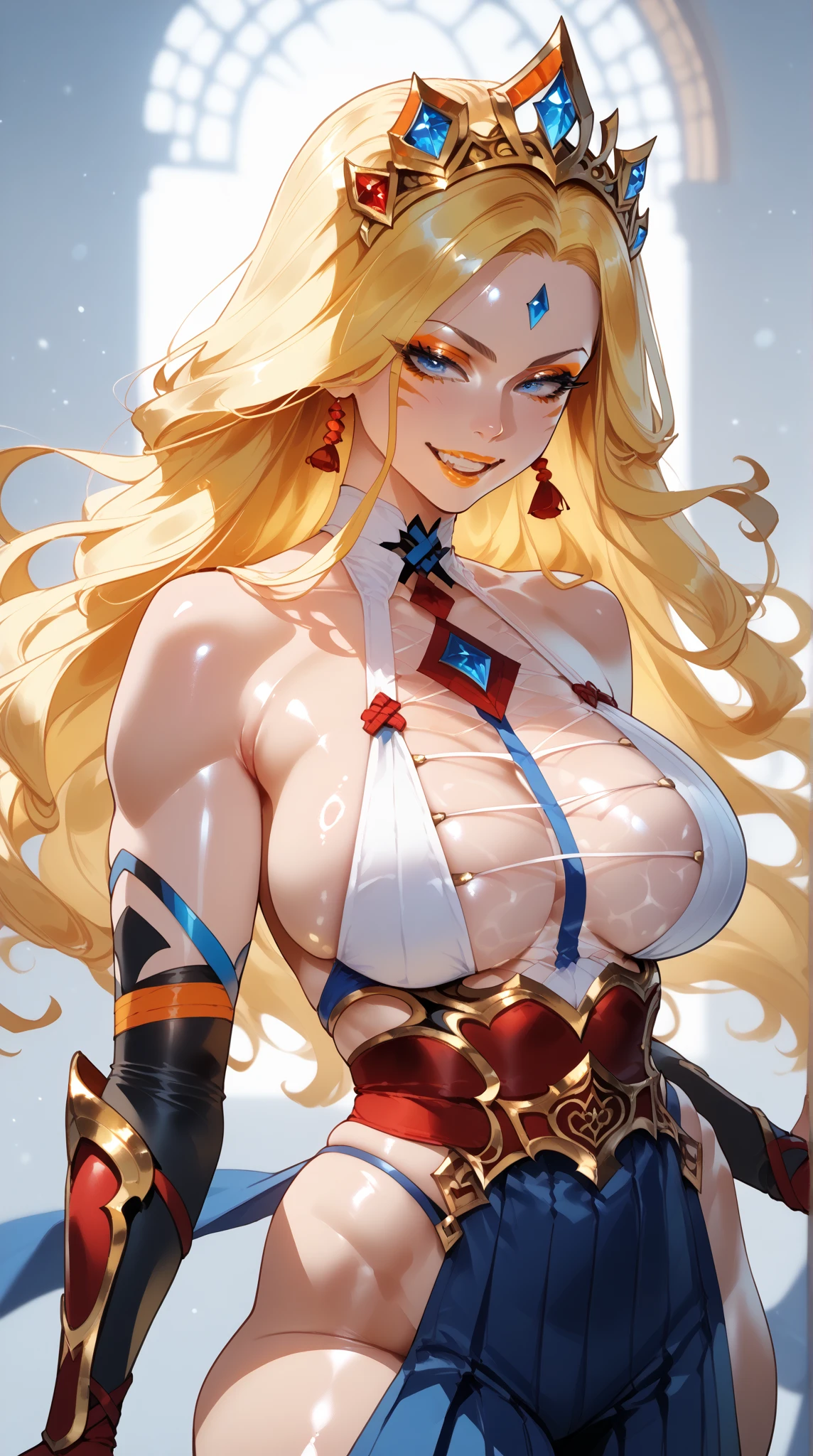 Adult woman, long white hair, blue eyes, smile, red tight top, huge breasts, open belly, battle pants, hands behind head, hiquality, 4k, HD, Good detail