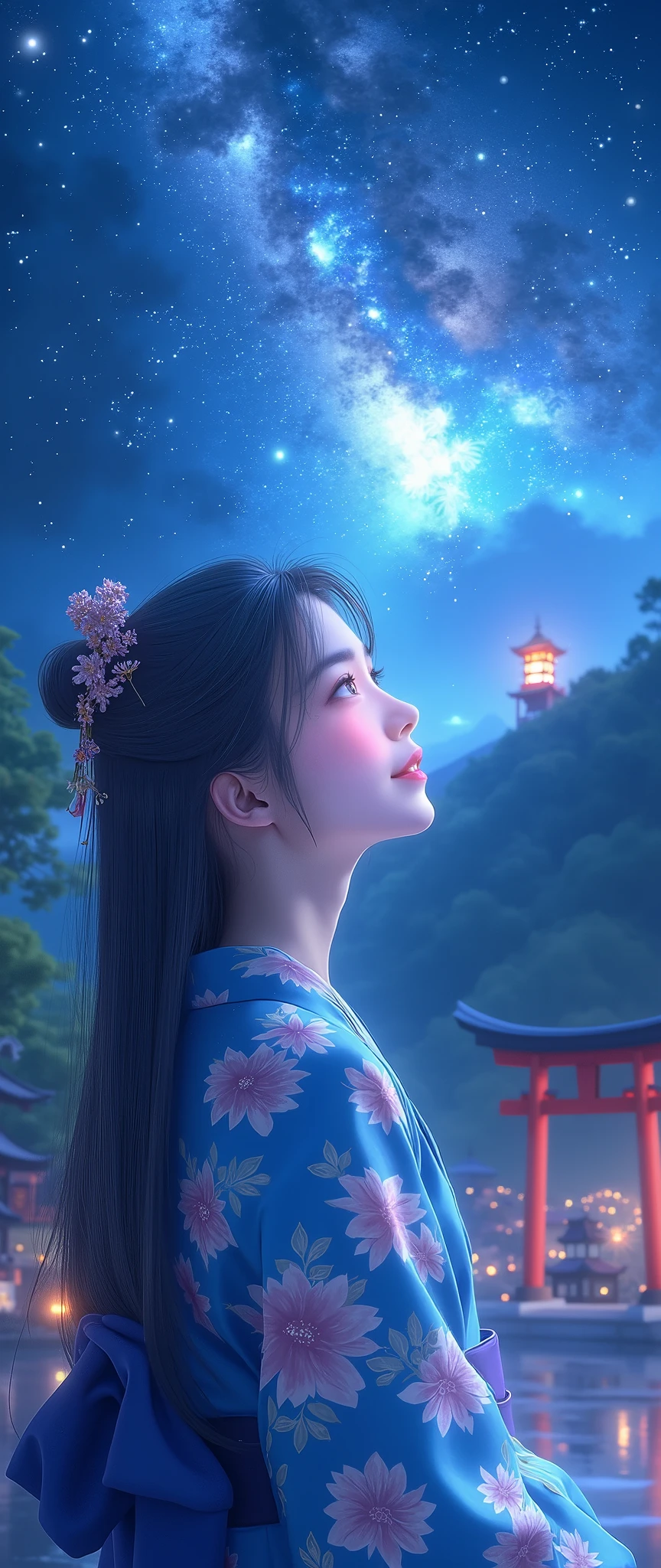 Milky Way Galaxy View and Night Sky 、one woman、Straight Hair、Beautiful Shiny Hair、bundle、long sleeve、detailed eyes and face、Eye Enhancement、soft lighting、High Resolution Unified CG 8K Wallpaper、Intricate Details、portrait、staring at the stars、alone、half shot、delicate face、soft smile during housework、 classical period 、(Ancient Japan Theme:1.1)、Japanese mythology、Navy Blue Flower Pattern Kimono、 ancient theme 、(Thriving Civilization:)、Background Moon、( pure white :1。hrine、red)torii、 Japanese landscape 、 Ancient City in the Background 、  Lantern、Night stars、 Night Sky Starts。