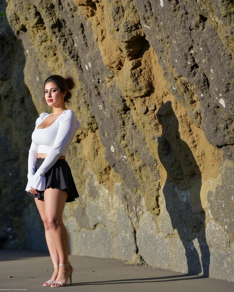ultra-realistic image of a gorgeous south African 19 year old in a white dress and sneakers walking down a road, beautiful black , perfect face, perfect body, professional shot, clear nose, dark caramel skin tone, black hair, short curly afro, beautiful city black woman only, standing in front of a mountain, white outfit, with mountains in the background, wearing tight simple clothes, gorgeous lady, full body white dress, small breast, cleavage, skinny, ultra thin waist, black hair, short curly afro hair , gigantic round butt, smiling, piercing green eyes."