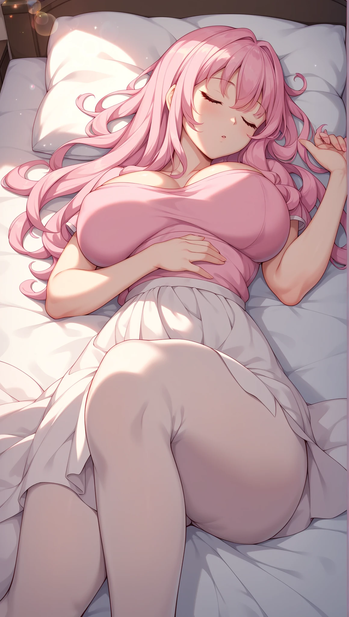 handsome girl,blue-eyes,blue pupils,Long pink hair,Hyperresolution,accuracy,Detailed rendering,(Subtle facial image)(Image of fine hair)(topquality)(Masterpieces of masters)(High degree of completeness)(A sense of atmosphere)tmasterpiece,Super detailed and super detailed(half-body portrait), long wavy pink hair, (((tHICK WAVY HAIR)))(((ANKLE LENGTH HAIR)))(((Blushing)))(((Huge breasts)))(((LARGER BREASTS))) large breasts, bigger breasts (((Bigger breasts))) (((Blushing))) (((Sakimichan))) (((Pink hair))) (((Naked on bed))) (((Naked)))(((lAYING NAKED ON BED)))