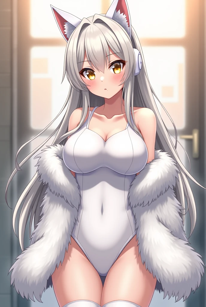 Large Breasts, Cat ear, Gray Hair, One piece swimsuit,High resolution,Anime Style, smile,Blushing,wave hands