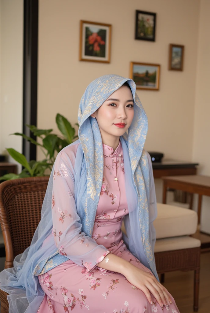 an Indonesian woman, 30 years old, big-headed wearing a kimono-like gamis dress with a light blue floral motif and a matching hijab. standing facing the camera and smiling thinly. Both hands cupped in front of the body. with a background of a room full of flowers looks very romantic. realistic 5D 8K