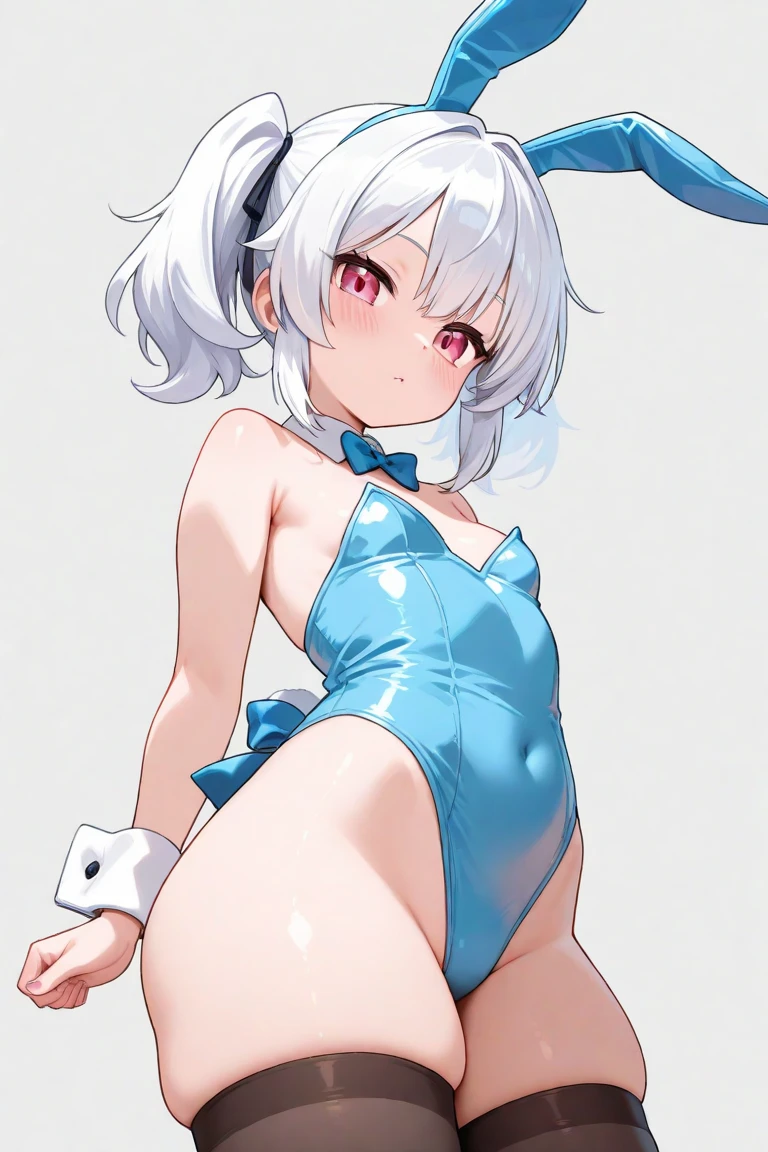 masterpiece, Top quality, Ultra high definition, Maximum resolution, Very detailed, Clean skin, Anime, Flipping panties with hands, Flipping bra with hands, Pulling clothes with hands, Full body, Nude, Slender, Very cute, Young face, 13 year old girl, Red eyes, Semi-long hair, Silver hair, Braided hair, Lying down, Wide open legs, Raised legs, Flipping clothes with hands, Twisting clothes with hands, White costume, rabbit ears, bunny girl, semi-undressed, wet clothes, wet body, thin-skinned clothes, clothes with visible tips of breasts, sweat, breasts protruding from clothes, clothes with sheer tummy, under breasts, embarrassing, blush, show off, cleavage, crotch shows through, areola see-through, pubic area open, open, pubic area visible, vaginal launch, minora, penetration, white liquid, with two men