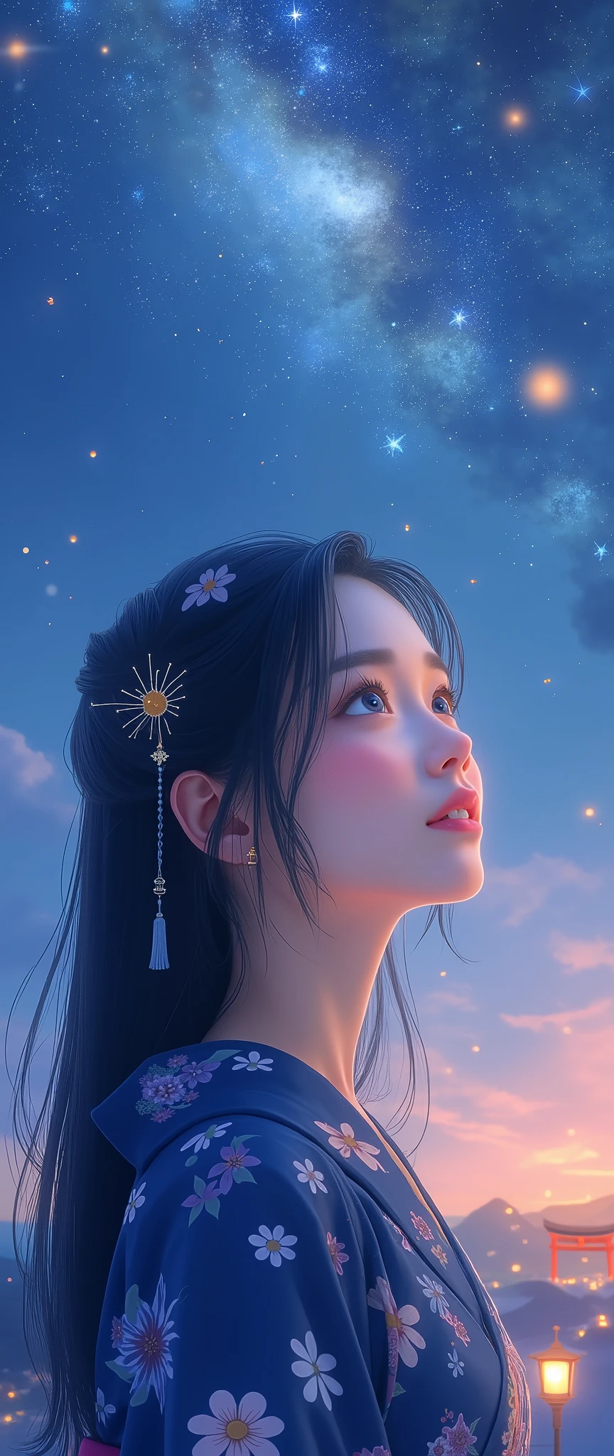 Milky Way Galaxy View and Night Sky 、one woman、Straight Hair、Beautiful Shiny Hair、bundle、long sleeve、detailed eyes and face、Eye Enhancement、soft lighting、High Resolution Unified CG 8K Wallpaper、Intricate Details、portrait、staring at the stars、alone、half shot、delicate face、soft smile during housework、 classical period 、(Ancient Japan Theme:1.1)、Japanese mythology、Navy Blue Flower Pattern Kimono、 ancient theme 、(Thriving Civilization:)、Background Moon、( pure white :1。hrine、red)torii、 Japanese landscape 、 Ancient City in the Background 、  Lantern、Night stars、 Night Sky Starts。