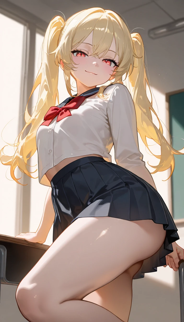 1girl,blonde hair, blue eyes, twintail,tight shirt, school uniforms,miniskirt,school hallway,lrge breasts, sagging breasts,(makeup:1.1),lipstick ,smirk, groin, navel
