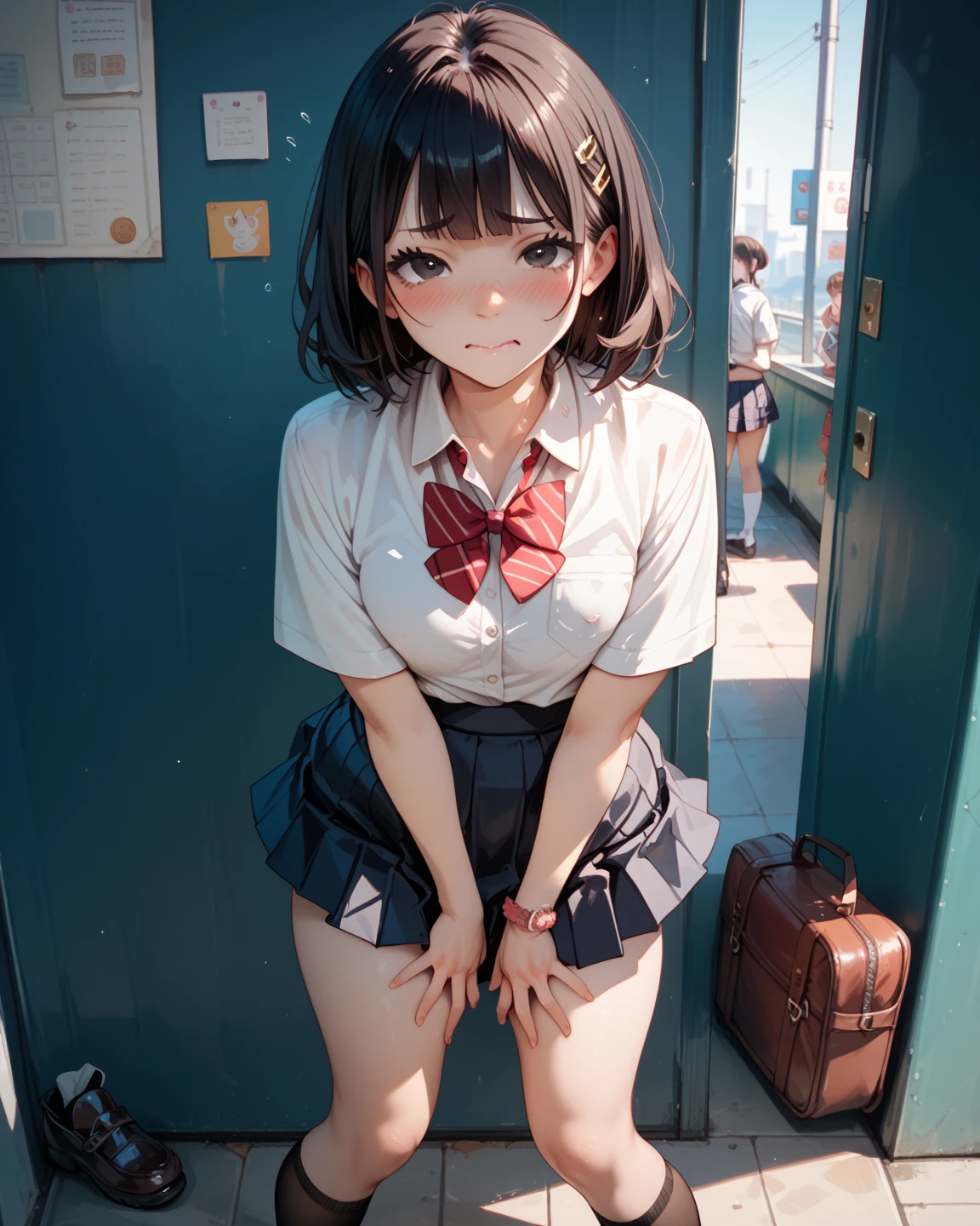 (open clothes:1.3,areola,bare breasts:1.4,bare nether region:1.5,bare navel,unclad),photo realistic,in 8K,masterpiece,dynamic angle,acrobatic posing,professional lighting,high quality,high resolution,detailed background,18yo:1.2,detailed black eyes:1.1,best hands:1.2,facing forward,pefect anatomy,correct anatomy,character focus,(1 cute girl:1.2,public hair:1.5,small chest:1.3,long sleeve school uniform with ribbon:1.2),(wearing knee socks with ribbon:1.3,1 school bag:1.2),(summer sky:1.3),blue sky, group of buildings,1Contrail,(cityscape:1.5),warm light,the top of the hill,(Overlooking the cityscape:1.5),(scenery:1.5),(Looking down on the city from the roof of a building:1.3),(spread legs wide:1.5),slim,skinny,shorty,small body,tiny,skinny,slim,long straight hair,blunt bangn:1.1,glistening skin,having fun,smile,