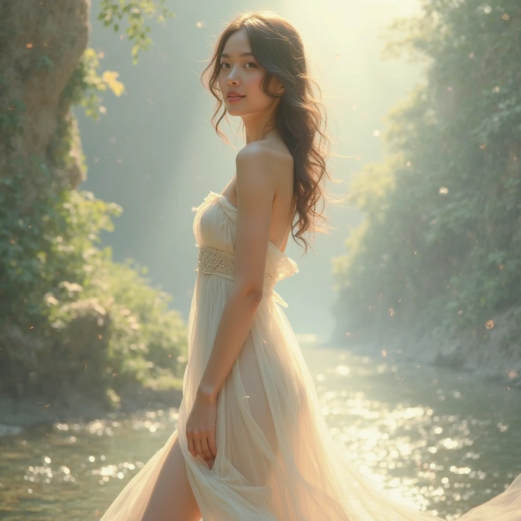 Hitomi Mochizuki gracefully emerges as an enigmatic woman clad in a stunning, elegantly flowing gown adorned with intricate details, captivating the senses as she effortlessly becomes one with a surrealistic realm suspended within a timeless moment of tranquility under a dusky sky from the perspective of an abstract camera angle. <lora:nzjjsw18f68d542b8u1e5:1>