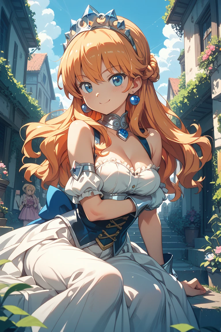 (high quality, 8k, 4K, high contrast, artwork:1.2, high quality, best aesthetics), (dynamic angle), ((1 woman)), erotic, sensual, mature body, super detailed, beautiful face detailed, beautiful eyes detailed, detailed beautiful mouth, sexy body, perfect breats, perfect wide thighs, orange hair, long orange hair, straight orange hair, blue eyes, long eyelashes, freckles on the cheeks, calm facial expression, long blue dress, princess crown, standing, erect posture, centered, looking at the viewer, flower garden courtyard, medieval castle in the background.