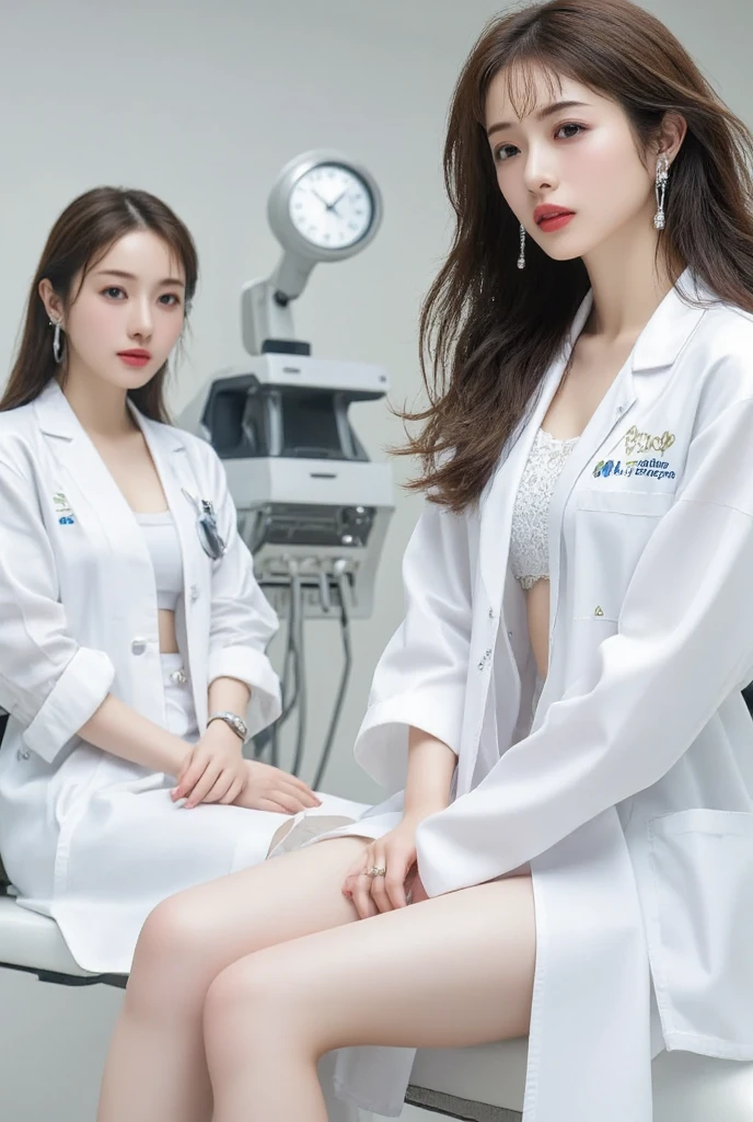 8K high resolution、Hyper reality photography:1.44,Realistic、masterpiece:1.55、In a modern examination room、Busty female doctor in a white coat、Scene of a doctor examining a sexy female patient sitting on an examination table with her cleavage exposed。The examination room is clean and bright、Fully equipped with the latest medical equipment。The doctor is friendly and has a cute face.、Talk to the patient。The patient is lovely and relaxed...