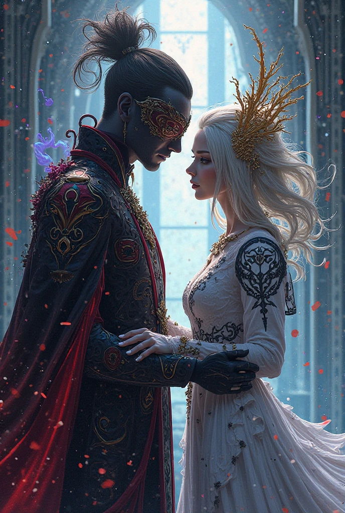 Medieval nobility、((masks used in masquerade balls,Masked couple))、A man in his 40s、40 generation women、Stand back to back、
