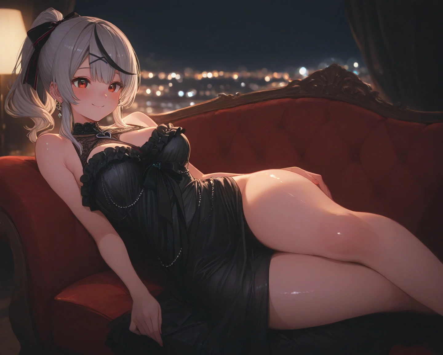 A girl crawls in a park at night，Clear sky in the background. Park benches and soft lighting, Rear photo, (Side photography), looking back at the viewer, (Masterpiece), ((Ultra-detailed)), (Highly detailed), (Expressionless), (Best quality: 1.2), 8K, hdr, A high resolution, absurderes: 1.2, Object perspective, Blurred background, Bokeh: 1.1, Lens flare, (vivd colour: 1.2), High quality texture, Detailed texture, High-quality lighting and shadows, a face with perfect proportion, full bodyesbian, Mature and excited body, Detailed skin texture, vibrant, pale and radiant skin, natural saggy breasts, gigantic bosom: 1.5, High waist, Narrow waist: 1.3, Wide hips, Full buttocks, Detailed beautiful face, (PureErosFace_V1:1.3)(Ulzzang-6500:0.4) Detailed beautiful eyes, Symmetrical eyes, Perfect eyes, Seductive eyes, Beautiful nose, High nose, Clear blush, Detailed lips, Earrings, hoop earings, necklace, jewelry, Sapphire heart necklace, Silver-toned high-heeled sandals, Seductive expression, Smile, Perfect hands, Delicate and beautiful fingers, Detailed beautiful legs, photo-realistic hair, detailed hairs, (Silver dress, Red dress, Blue dress), Chisato Nishiki, Long hair, Blonde hair, (Red eyes: 1.5), Hair ribbon, Bob cut, Red hair ribbon,)，Huge breasts，Japan goddess，Blush，