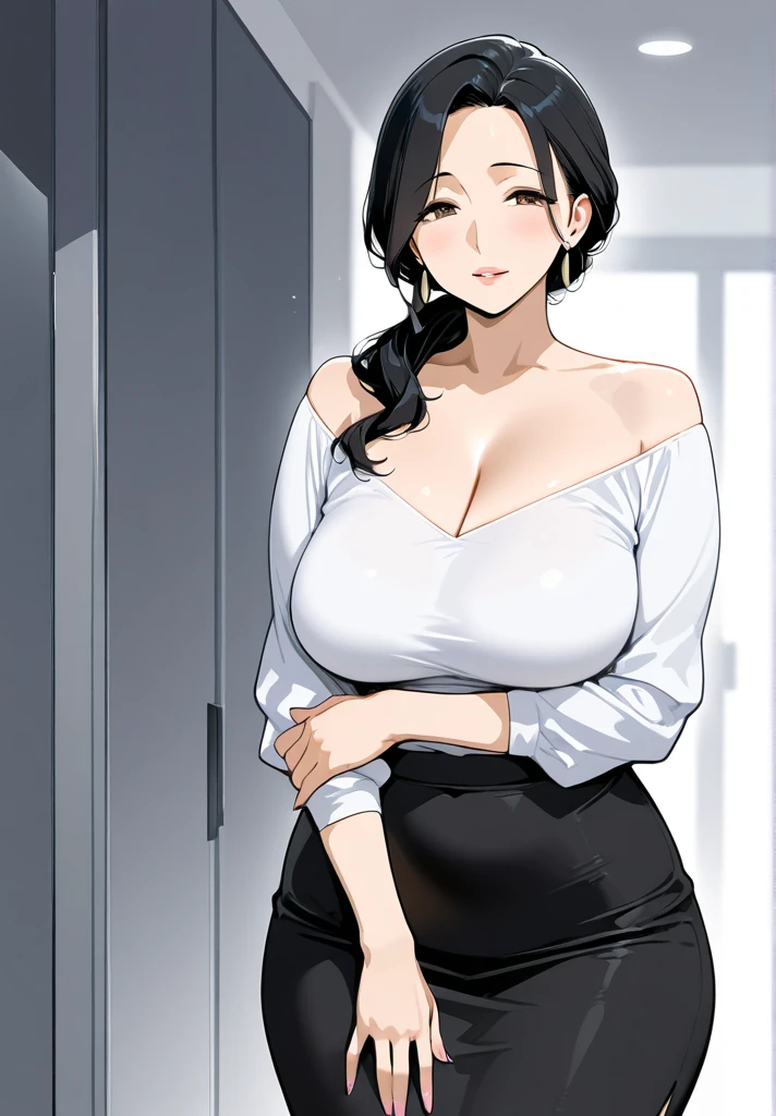 modest housewife,round glasses,black hair,at rich home,mature curvy body,(straight-hair),easy-going face,navy blouse,shirt blouse,gray skirt