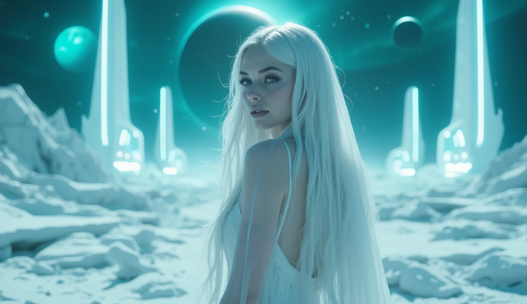 Create a very futuristic scene, hyperrealistic, photo realistic, the main character is a beautiful woman, beautiful face, natural beauty, (medium shot), white long spectacular hair moving by the wind, long hair, she wears a white bright translucent long veil with luminescence that moves with the wind, futuristic style, perfect body. Casual and natural pose, floor bright white rocks, several giant futuristic vertical structures with blue lights, great detail. Cold environment, the sky has a green. In the sky far in the horizon there are three blue bright giant planets, detailed textures, futuristic scene, The light is cold and bluish, great lighting, perfect lighting, high resolution, maximum detail.