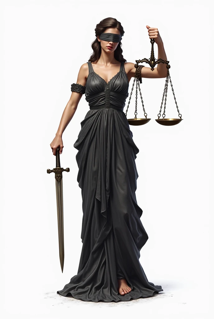lady justice stands triumphant in the center, scales of justice in one of her hands, a sword is held in her other hand, she is blindfolded, lady prudentia lurks in the background holding a snake and gazing into a mirror, dark and desolate, renaissance painting, in the style of rembrandt, epic composition, realistic, oil painting,
