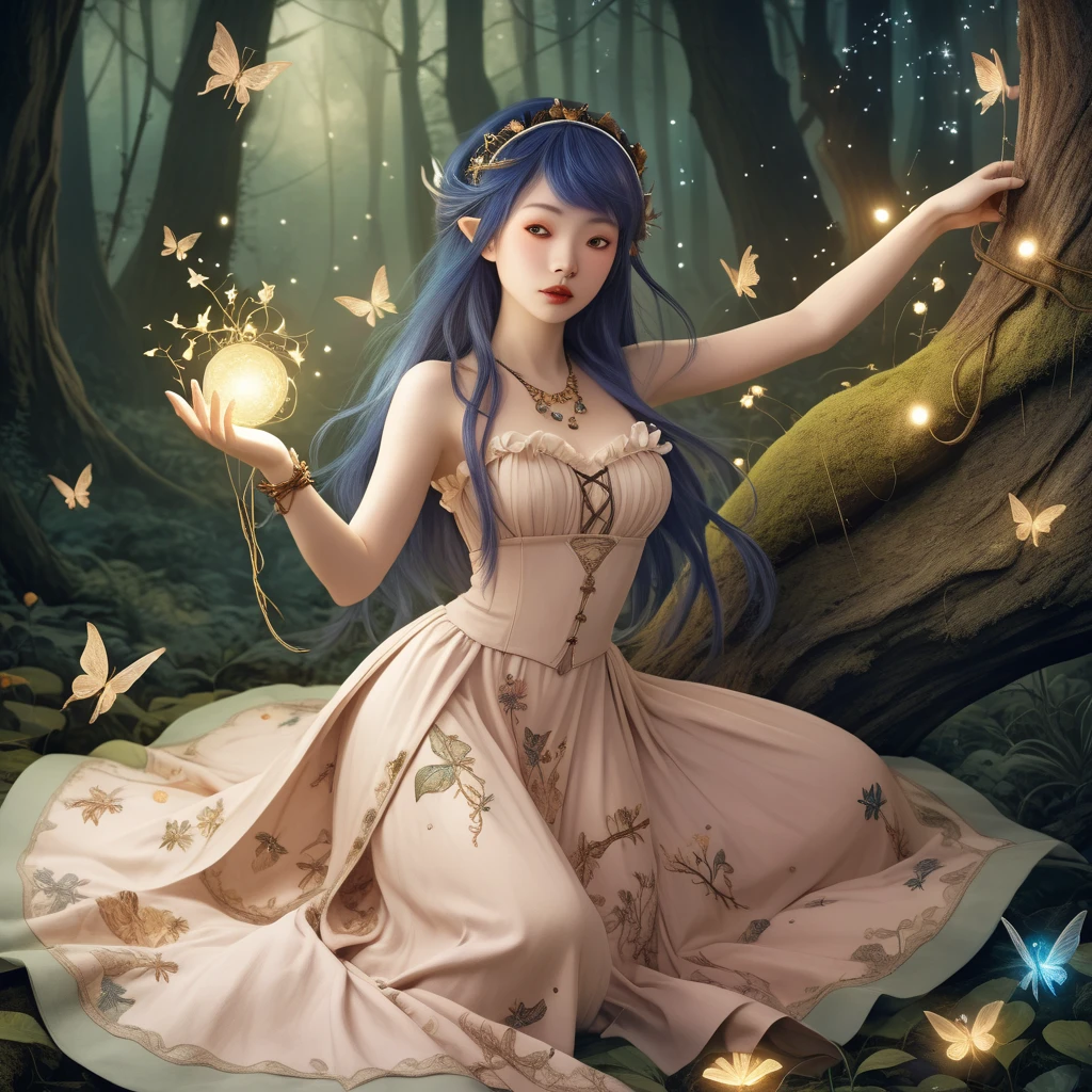 a goddess in a magical fantasy dress and captivating pose, sit on a grass under a magical night sky, surrounded by glowing butterflies and fireflies, depth of field, real skin texture, best picture,