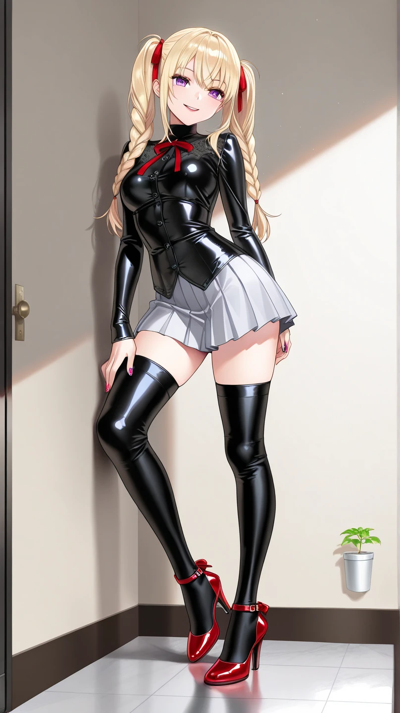 (masterpiece, best quality:1.2), 1 woman, alone,standing_divided, (white space with nothing), (((Lori))), Thigh-high sock boots, (Ahegao)
black long hair, Enamel latex miniskirt, pussy,, (((large erect nipples))), (((Very slender waist))), (short height), , (((stand with legs apart))), (((whole body)))