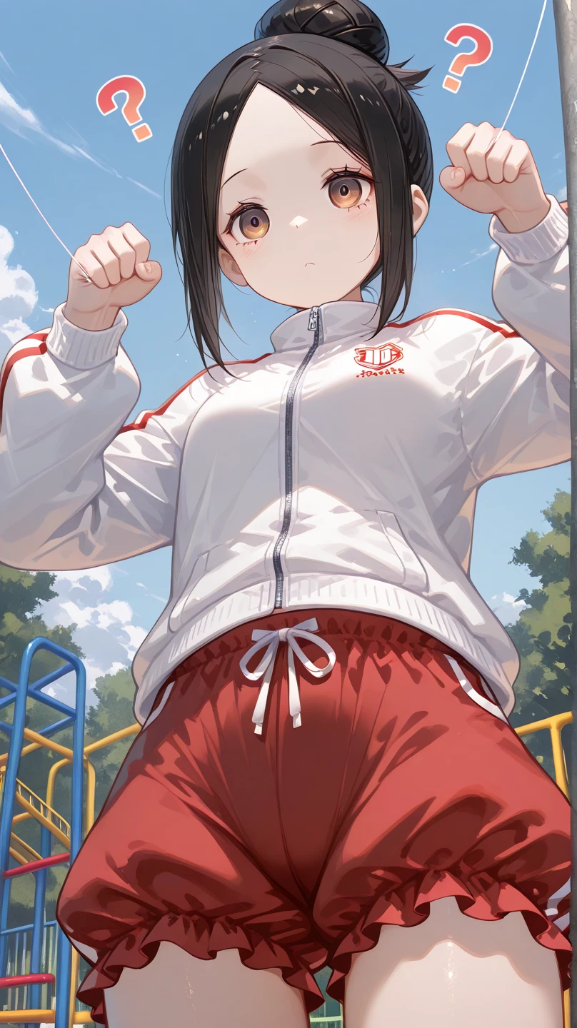 HishiAkebono, <lora:_sdxl-um-tracenjersey:0.7> red track jacket, tracenJerseyBuruma, red buruma