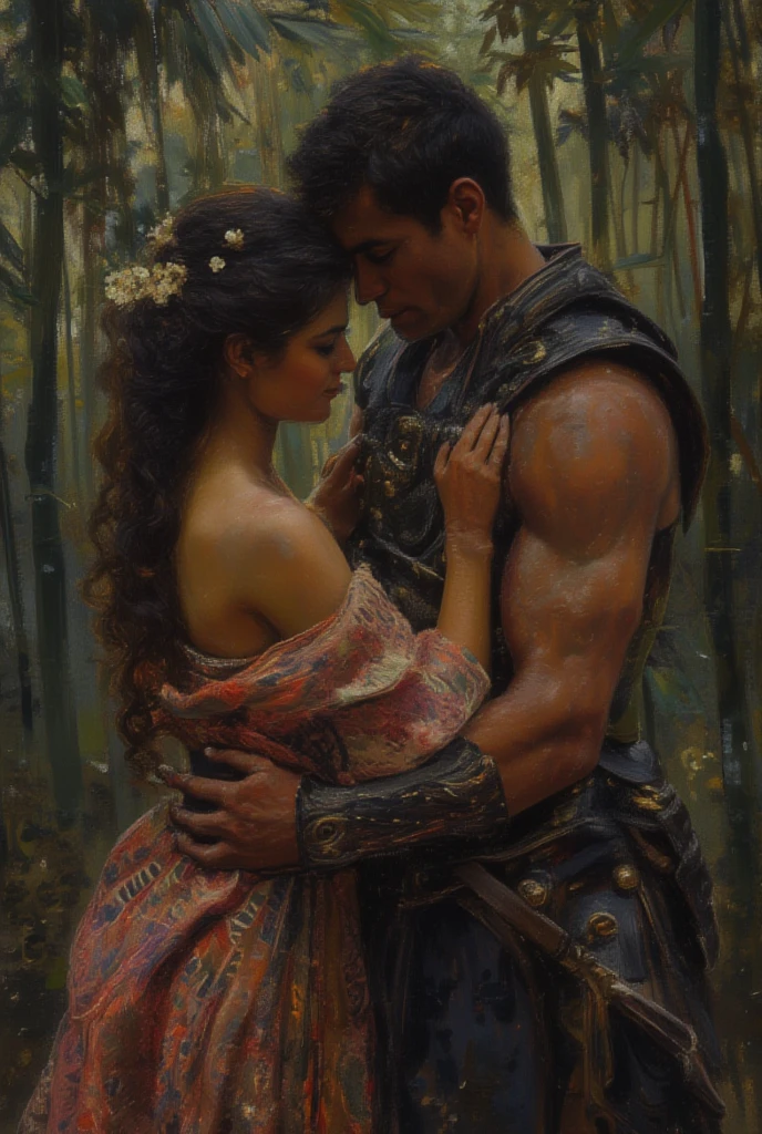 Renaissance painting by da Vinci, of a brunette princess with long, curly hair and a shirtless prince with yellow hair, hugging, the painting conveys a forbidden love and they look at each other with burning desire
