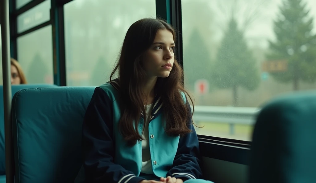 A girl in a school wearing a sitting in a class and looking out from her window seat at the sky zoning out