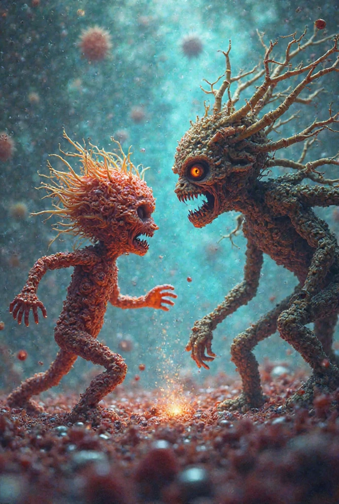 A shuttlecock court. Two human adversaries face each other. They are not holding rackets. One of the humans is barefoot and has hairy feet.. The other human looks like the character Gargamel. On the wall in the background is written the phrase in Portuguese:" here the weak are not worshipped"